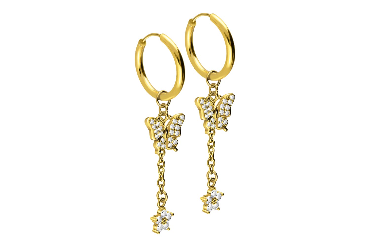 Chirurgenstahl Ohrclicker Creolen KRISTALLSCHMETTERLING + KRISTALLBLUME von Piercingline